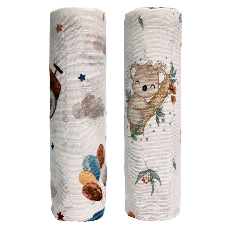 Müslin Örtü ikili 90x90 Uçan Arabalar -Koala Sevgisi