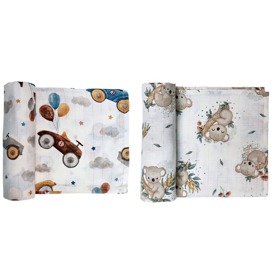 Müslin Örtü ikili 90x90 Uçan Arabalar -Koala Sevgisi