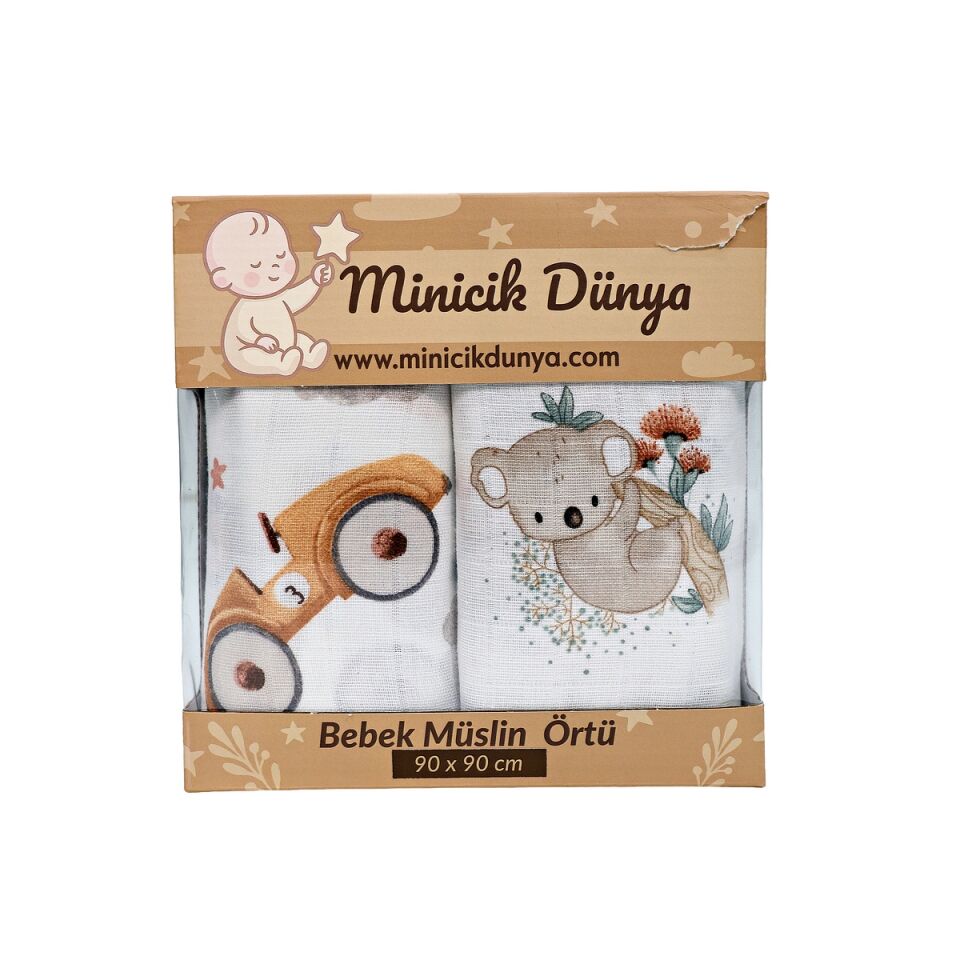 Müslin Örtü ikili 90x90 Uçan Arabalar -Koala Sevgisi