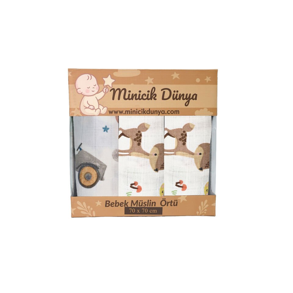 Müslin Örtü üçlü 55x55 Minicik Uçan Arabalar-Minicik Geyik Bahçesi-Minicik Geyik Bahçesi