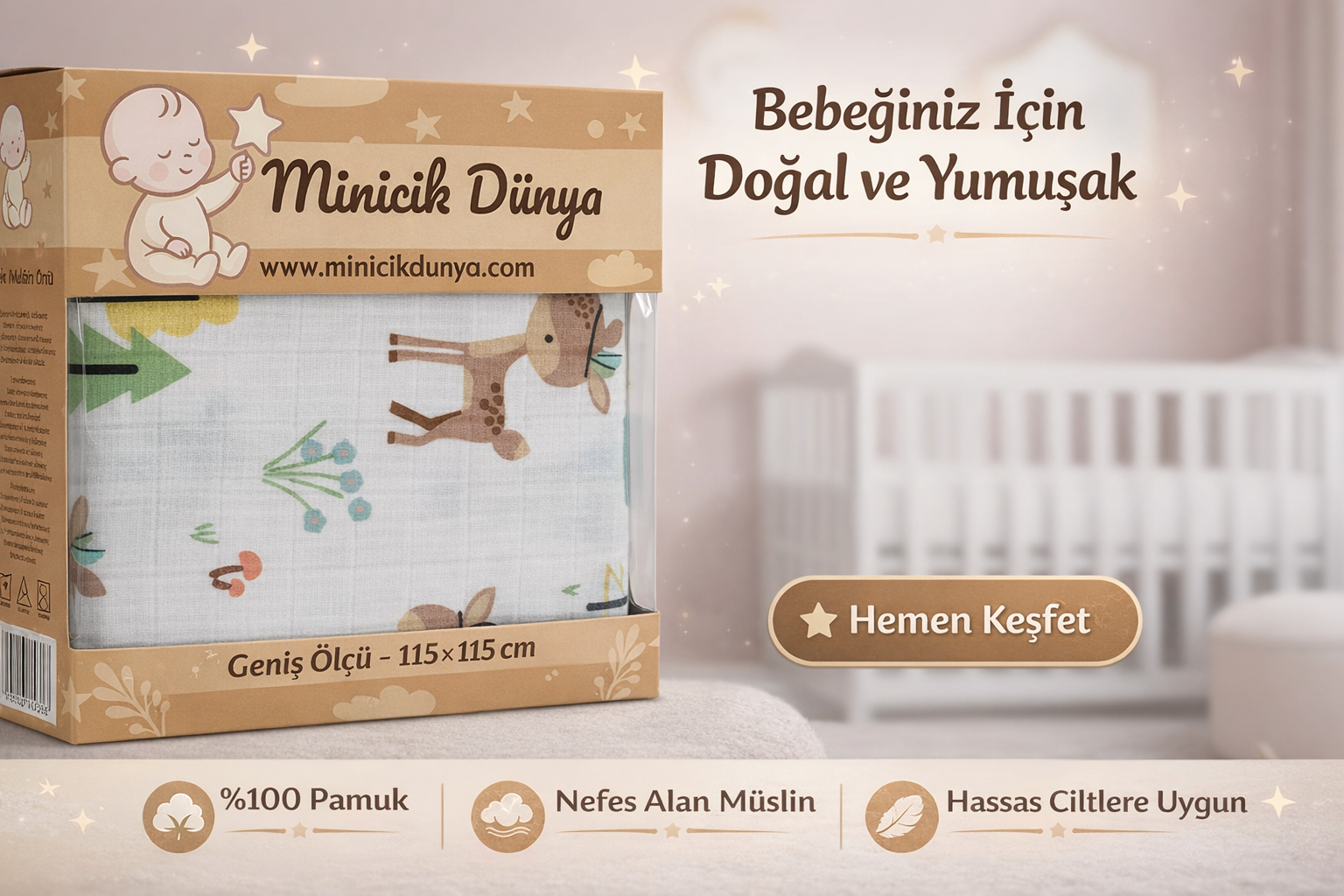 Minicik Dünya 3’lü müslin örtü seti – yumuşak, dayanıklı ve her an yanınızda